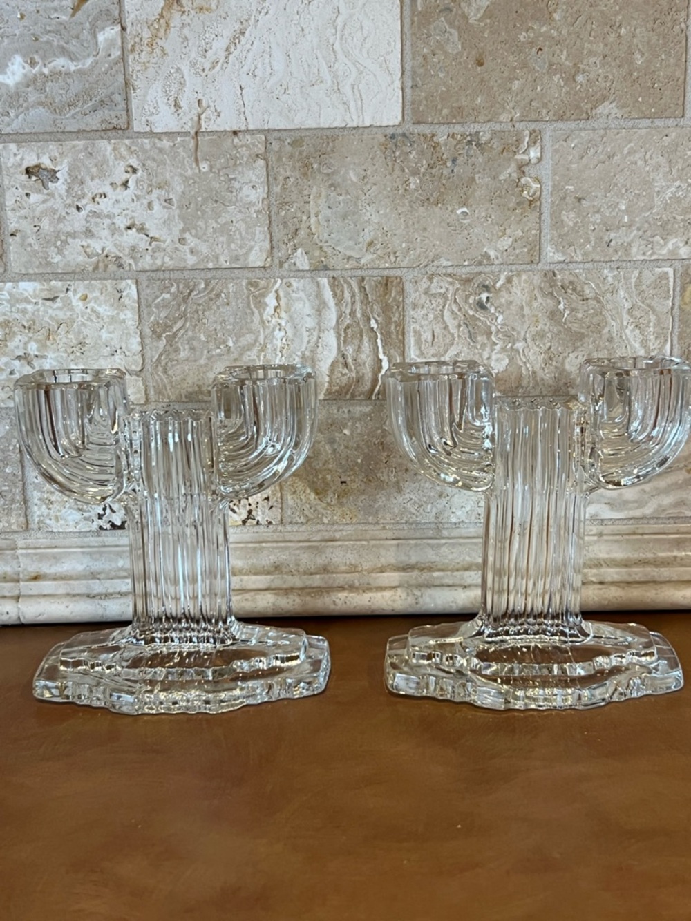 Vintage , Clear Glass, Double Armed , Art Deco, Candle Holders Pair